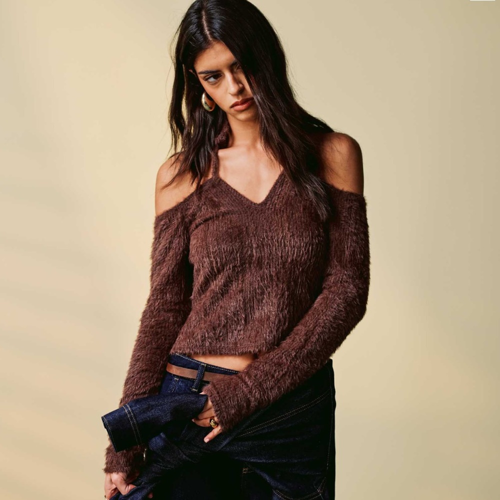 ASOS Off-Shoulder Fuzzy Brown Sweater